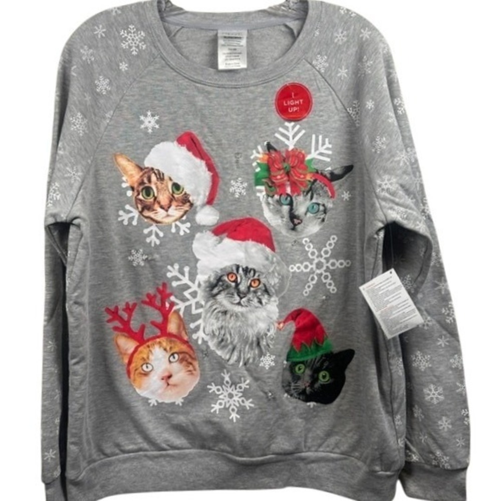 NWT Freeze Holiday Ugly Christmas Sweater Cats Gray Light Up Sweatshirt XL